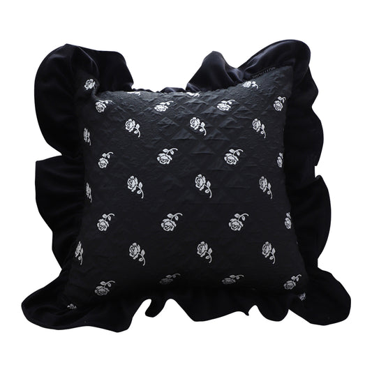 SOGA 45cm Throw Pillow Black Ruffled Square Decorative Cushion for Rose Lovers Cozy Home Decor • LUZ-FrenchCushion307