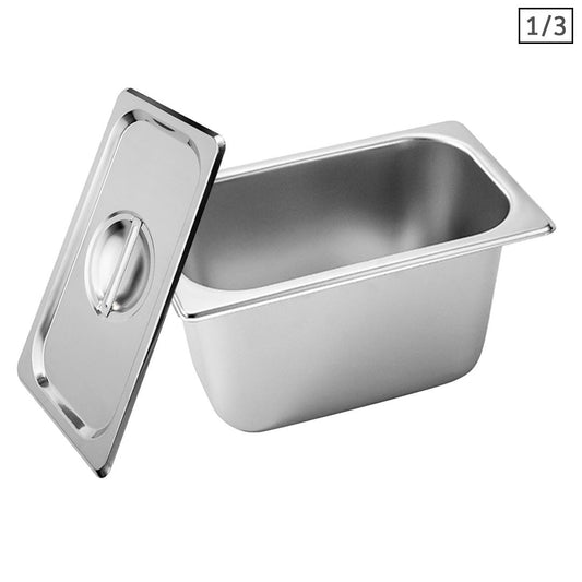SOGA Gastronorm GN Pan Full Size 1/3 GN Pan 15cm Deep Stainless Steel Tray With Lid • LUZ-GP5417wLidX1