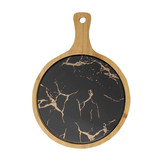 SOGA 30cm Black Circle Wooden Serving Tray Slate Steak Serving Platter Chopping Board Paddle Home Decor • LUZ-WodE593