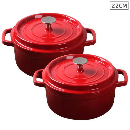 SOGA 2X Cast Iron 22cm Enamel Porcelain Stewpot Casserole Stew Cooking Pot With Lid Red • LUZ-Stewpot22cmRedX2