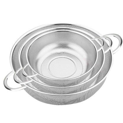SOGA Stainless Steel Perforated Metal Colander Set Food Strainer Basket Mesh Net Bowl with 2 Handle • LUZ-ColanderBowlSet