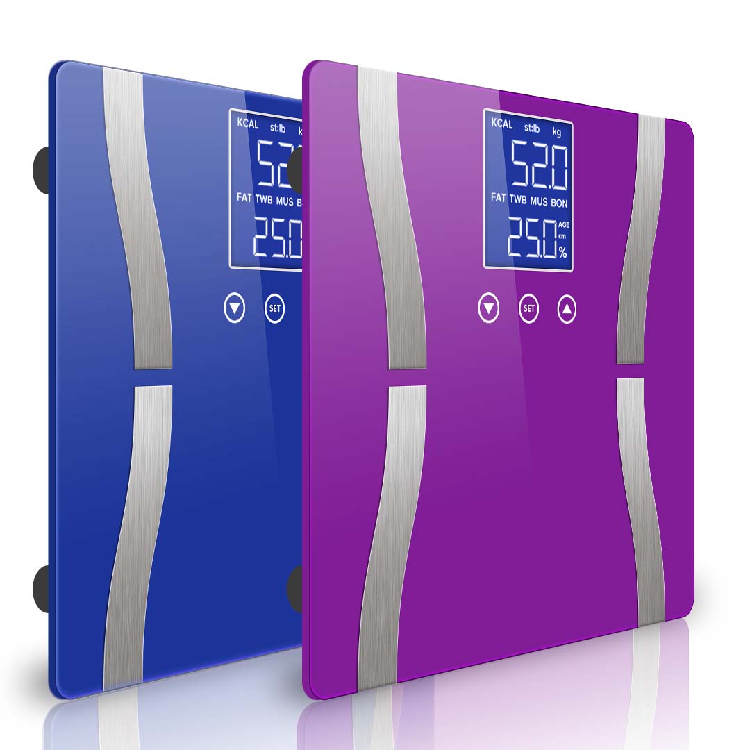 SOGA 2X Glass LCD Digital Body Fat Scale Bathroom Electronic Gym Water Weighing Scales Blue/Purple • LUZ-BodyFatScaleBLU-PUR