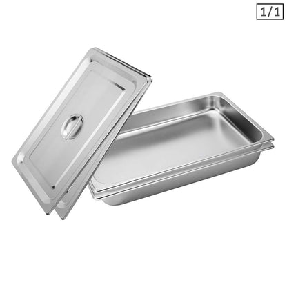 SOGA 2X Gastronorm GN Pan Full Size 1/1 GN Pan 6.5cm Deep Stainless Steel Tray With Lid • LUZ-GP5403wLidX2
