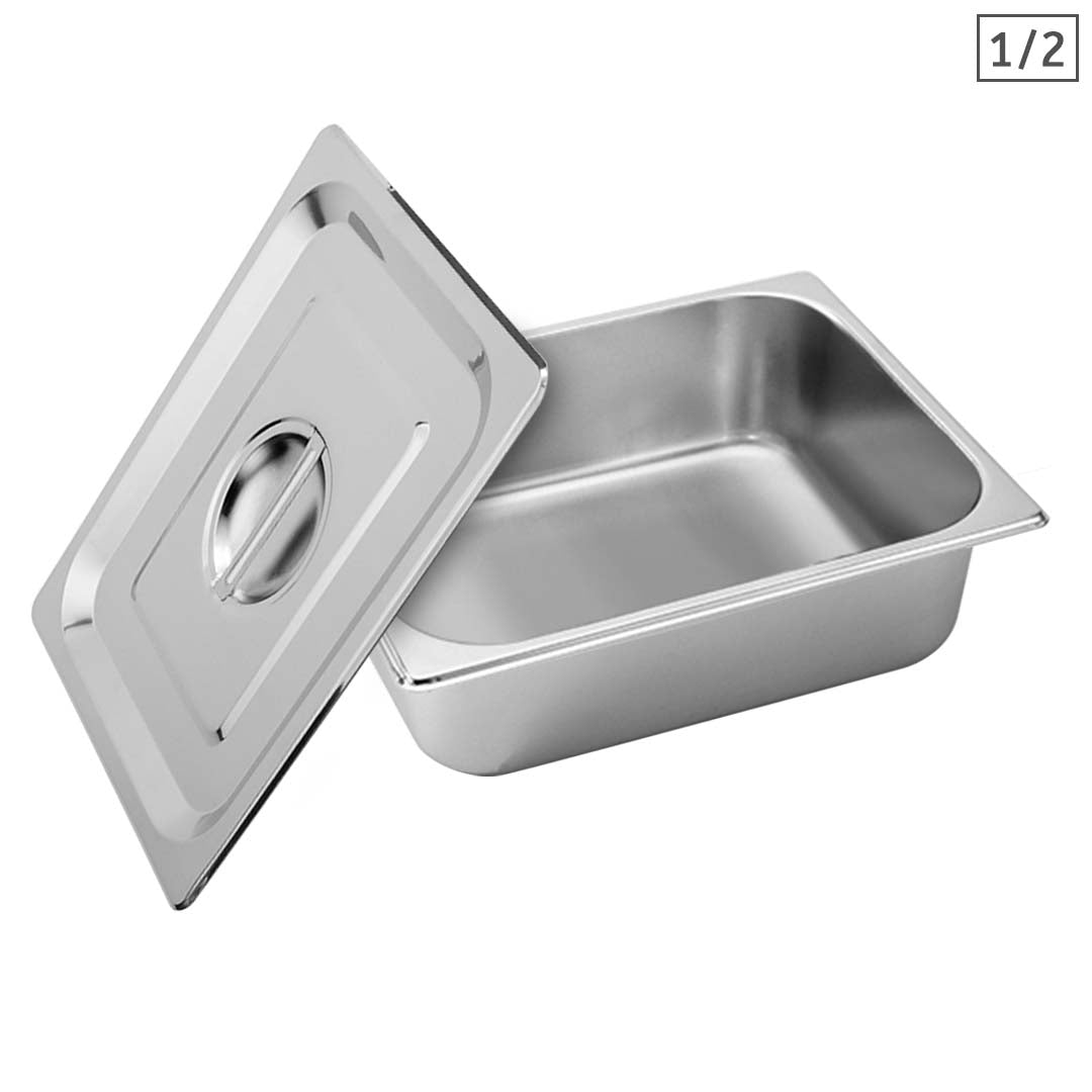 SOGA Gastronorm GN Pan Full Size 1/2 GN Pan 10cm Deep Stainless Steel Tray With Lid • LUZ-GP5410wLidX1