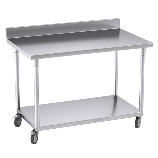SOGA 120cm Commercial Catering Kitchen Stainless Steel Prep Work Bench Table with Backsplash and Caster Wheels • LUZ-WorkBenchSS8003120CM