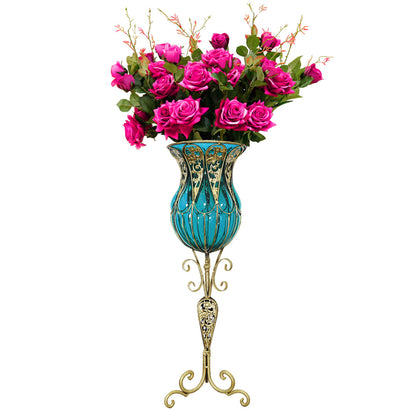SOGA 85cm Blue Glass Tall Floor Vase and 12pcs Dark Pink Artificial Fake Flower Set • LUZ-Vase3019BluewRedF12