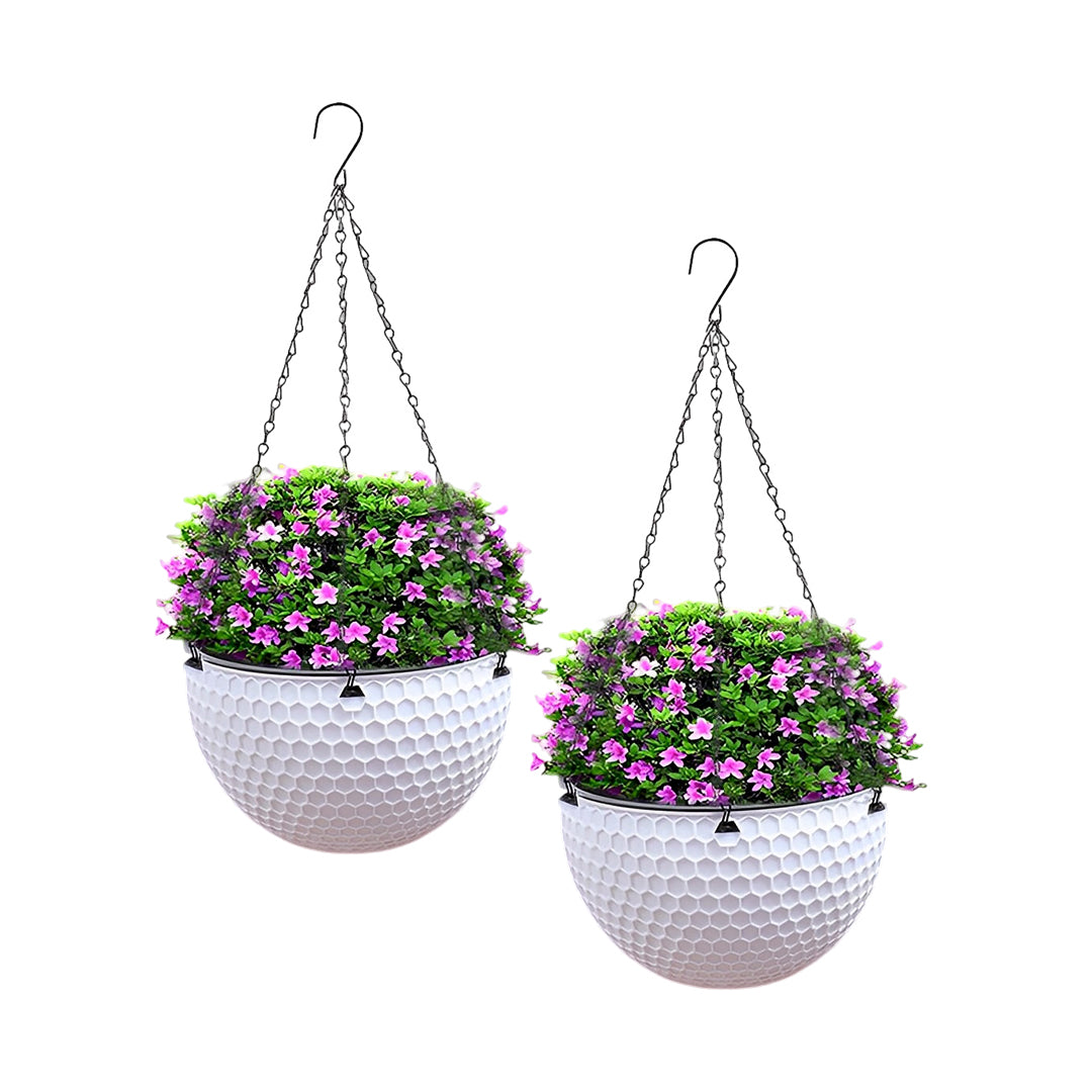 SOGA 2X White Small Hanging Resin Flower Pot Self Watering Basket Planter Outdoor Garden Decor • LUZ-HangPot11WHTX2