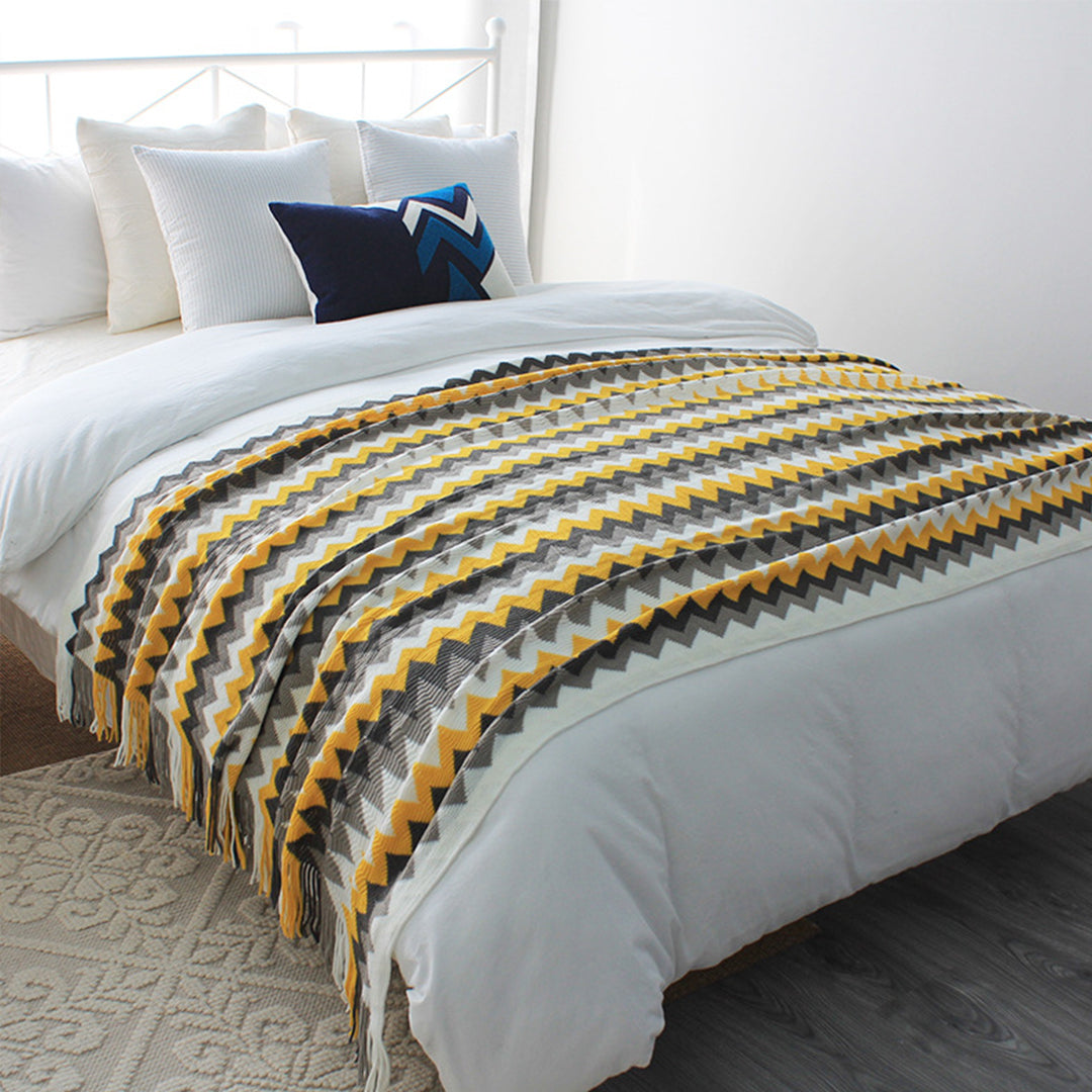 SOGA 220cm Yellow Zigzag Striped Throw Blanket Acrylic Wave Knitted Fringed Woven Cover Couch Bed Sofa Home Decor LUZ-Blanket918