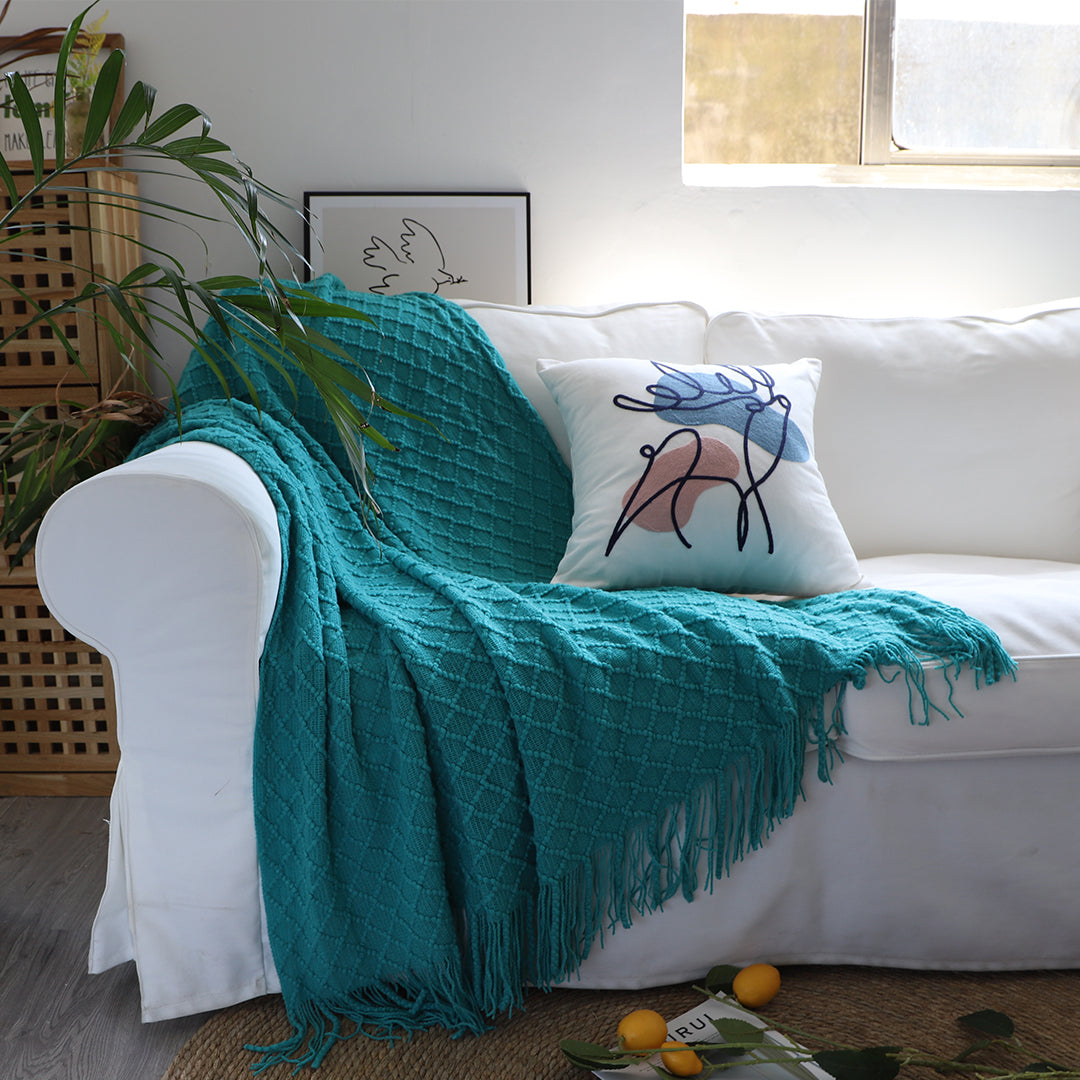 SOGA 2X Teal Diamond Pattern Knitted Throw Blanket Warm Cozy Woven Cover Couch Bed Sofa Home Decor with Tassels • LUZ-Blanket923X2