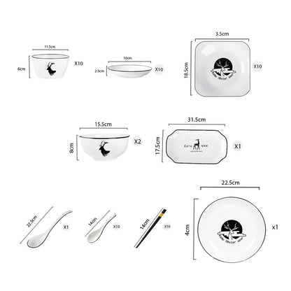 SOGA White Antler Printed Ceramic Dinnerware Set Crockery Soup Bowl Plate Server Kitchen Home Decor Set of 34 • LUZ-BowlG777