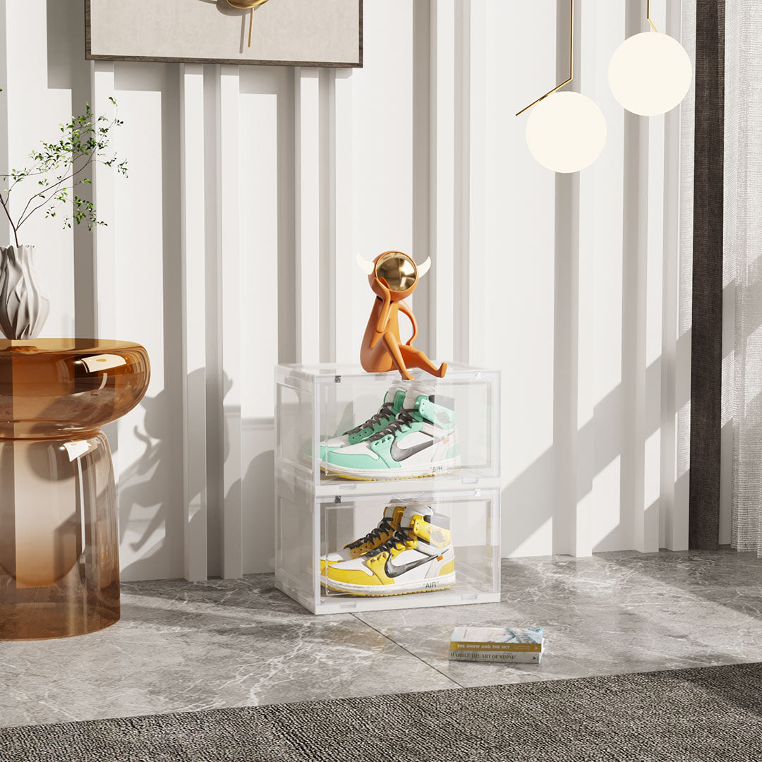 SOGA 2X 2 Tier Transparent Portable Shoe Organiser Sneaker Footwear Folding Plastic Bin Stackable Storage Box with Magnetic Door • LUZ-ShoeA9002WHTX2