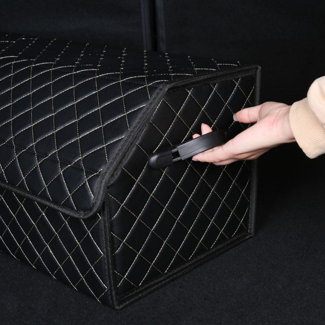 SOGA Leather Car Boot Collapsible Foldable Trunk Cargo Organizer Portable Storage Box Black/White Stitch with Lock Medium • LUZ-StorageBLK387