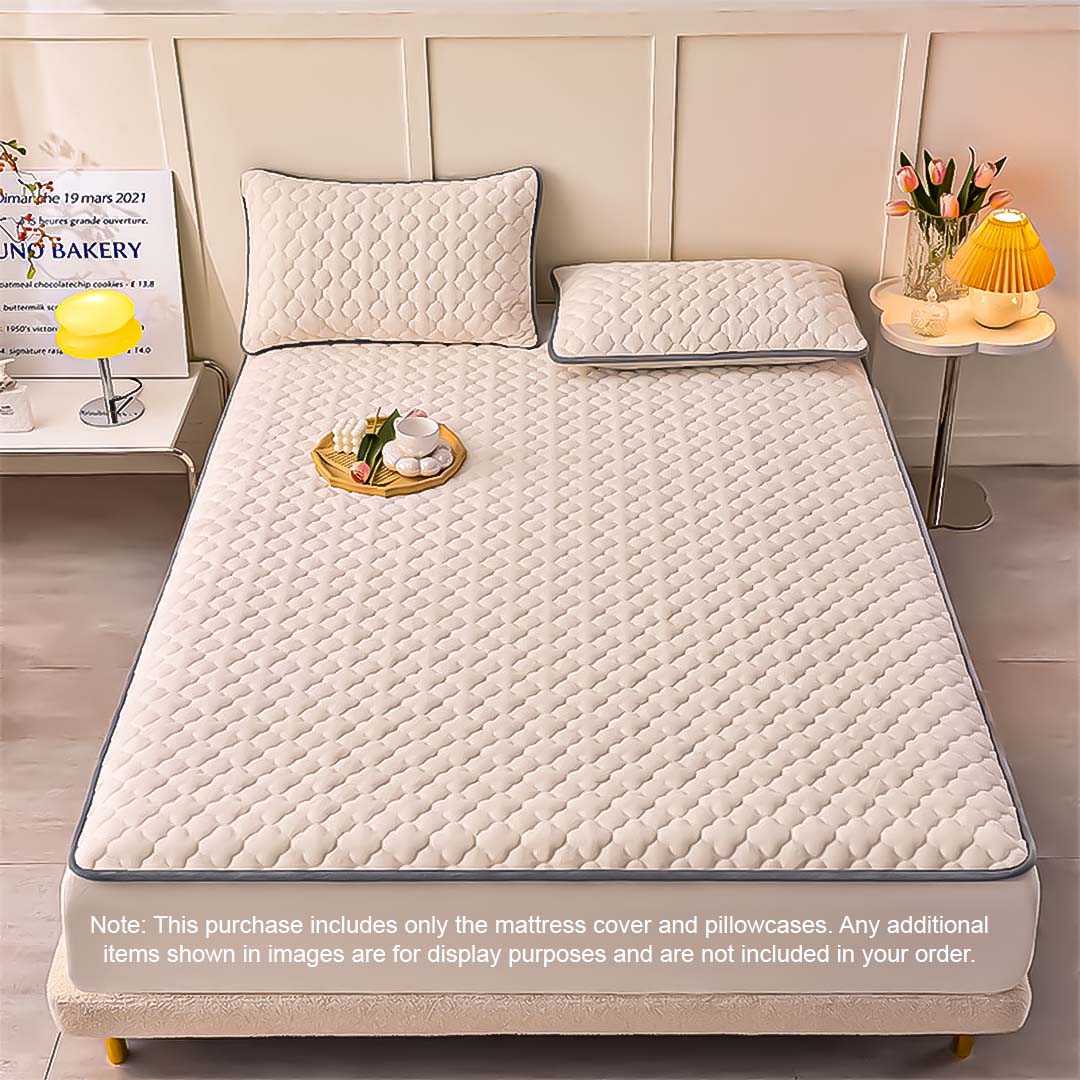 SOGA 2X Beige 138cm Wide Mattress Cover Thick Quilted Fleece Stretchable Clover Design Bed Spread Sheet Protector with Pillow Covers • LUZ-BCover7004X2