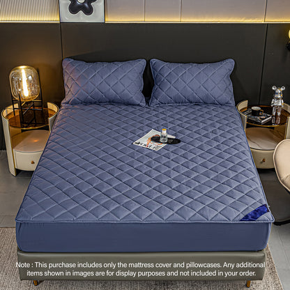 SOGA Blue 138cm Wide Cross-Hatch Mattress Cover Thick Quilted Stretchable Bed Spread Sheet Protector with Pillow Covers • LUZ-BCover4008