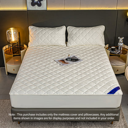 SOGA 2X White 183cm Wide Cross-Hatch Mattress Cover Thick Quilted Stretchable Bed Spread Sheet Protector with Pillow Covers • LUZ-BCover4013X2