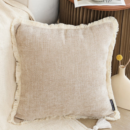 SOGA 2X 45cm Throw Pillow Latte Color Chenille Textured with Tassels Stylish Square Cozy Home Decor LUZ-FrenchCushion278X2