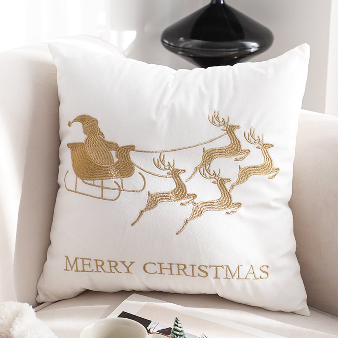 SOGA 45cm Throw Pillow White with Golden Christmas Sleigh Design Festive Holiday Square Cushion Decor LUZ-FrenchCushion269