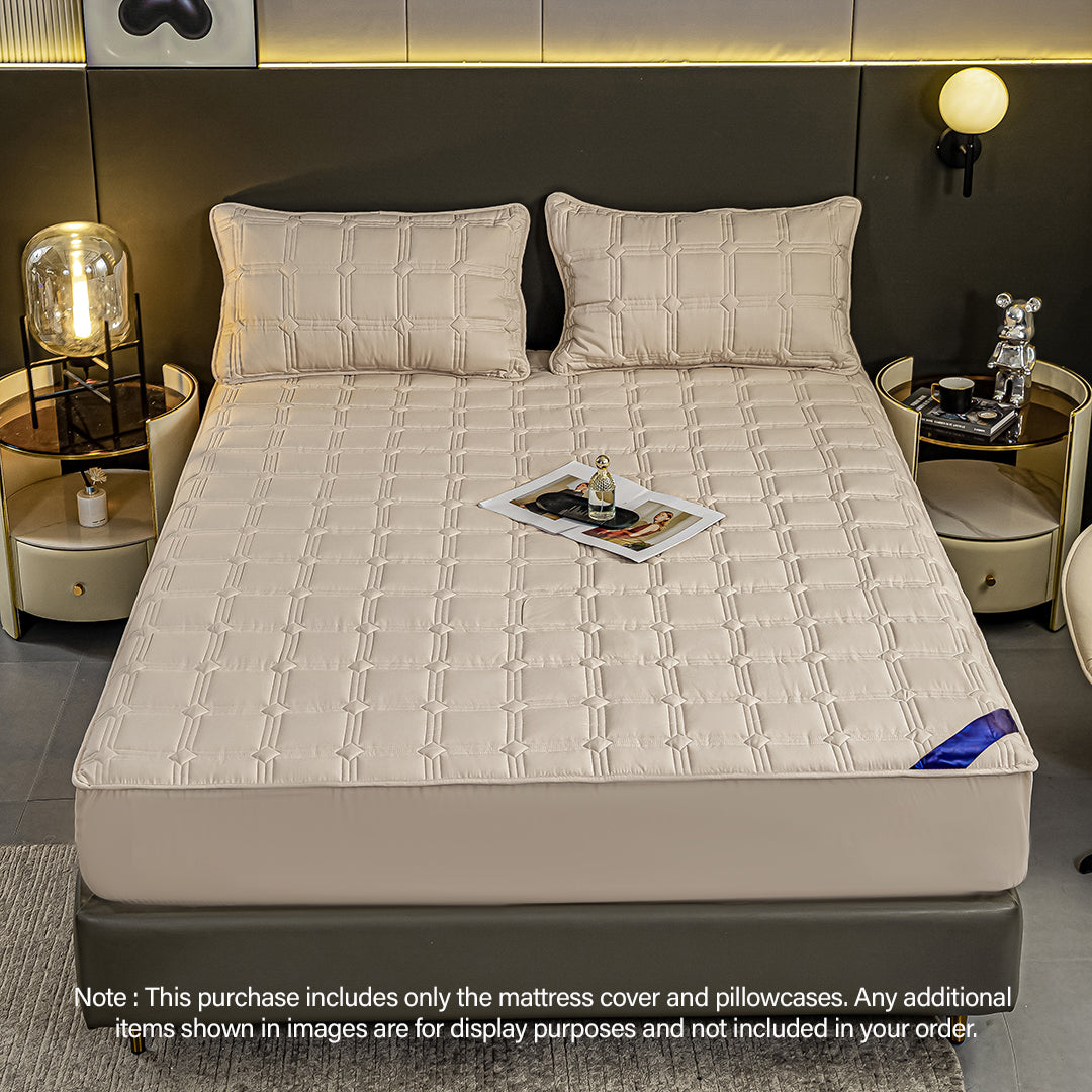 SOGA Beige 153cm Wide Mattress Cover Thick Quilted Stretchable Bed Spread Sheet Protector with Pillow Covers • LUZ-BCover4001