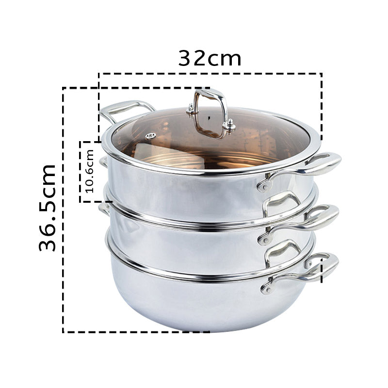 SOGA 2X 3 Tier 32cm Heavy Duty Stainless Steel Food Steamer Vegetable Pot Stackable Pan Insert with Glass Lid • LUZ-SteamerTRISTQ32X2