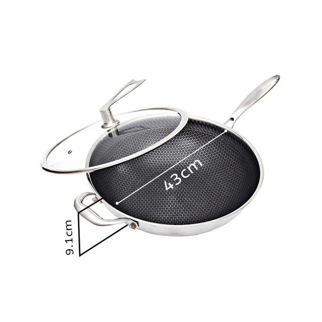 SOGA 34cm Stainless Steel Tri-Ply Frying Cooking Fry Pan Textured Non Stick Skillet with Glass Lid and Helper Handle • LUZ-FryPanTRIFPYZ34