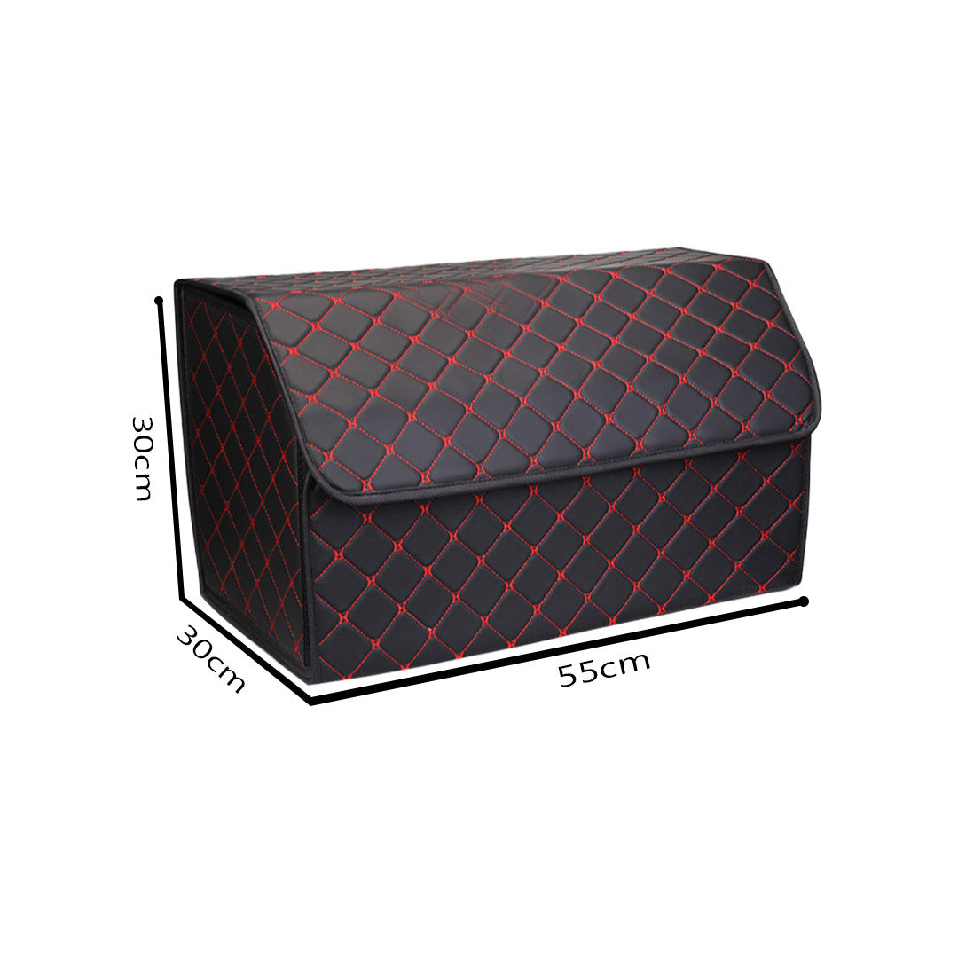 SOGA Leather Car Boot Collapsible Foldable Trunk Cargo Organizer Portable Storage Box Black/Red Stitch Large • LUZ-StorageBLKREDLge