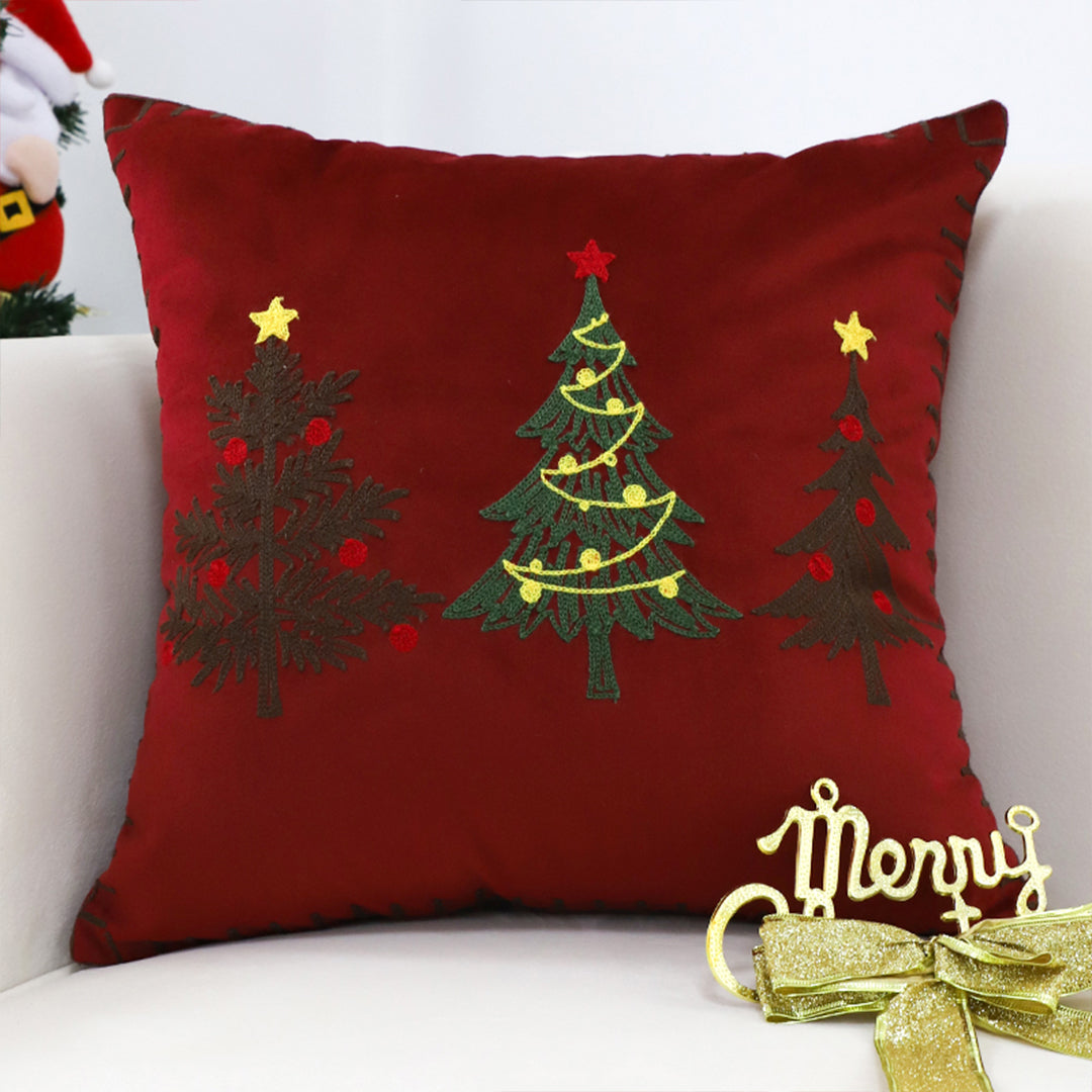 SOGA 45cm Burgundy Red Throw Pillow with Three Embroidered Christmas Trees Festive Holiday Square Cushion Home Decor • LUZ-FrenchCushion272
