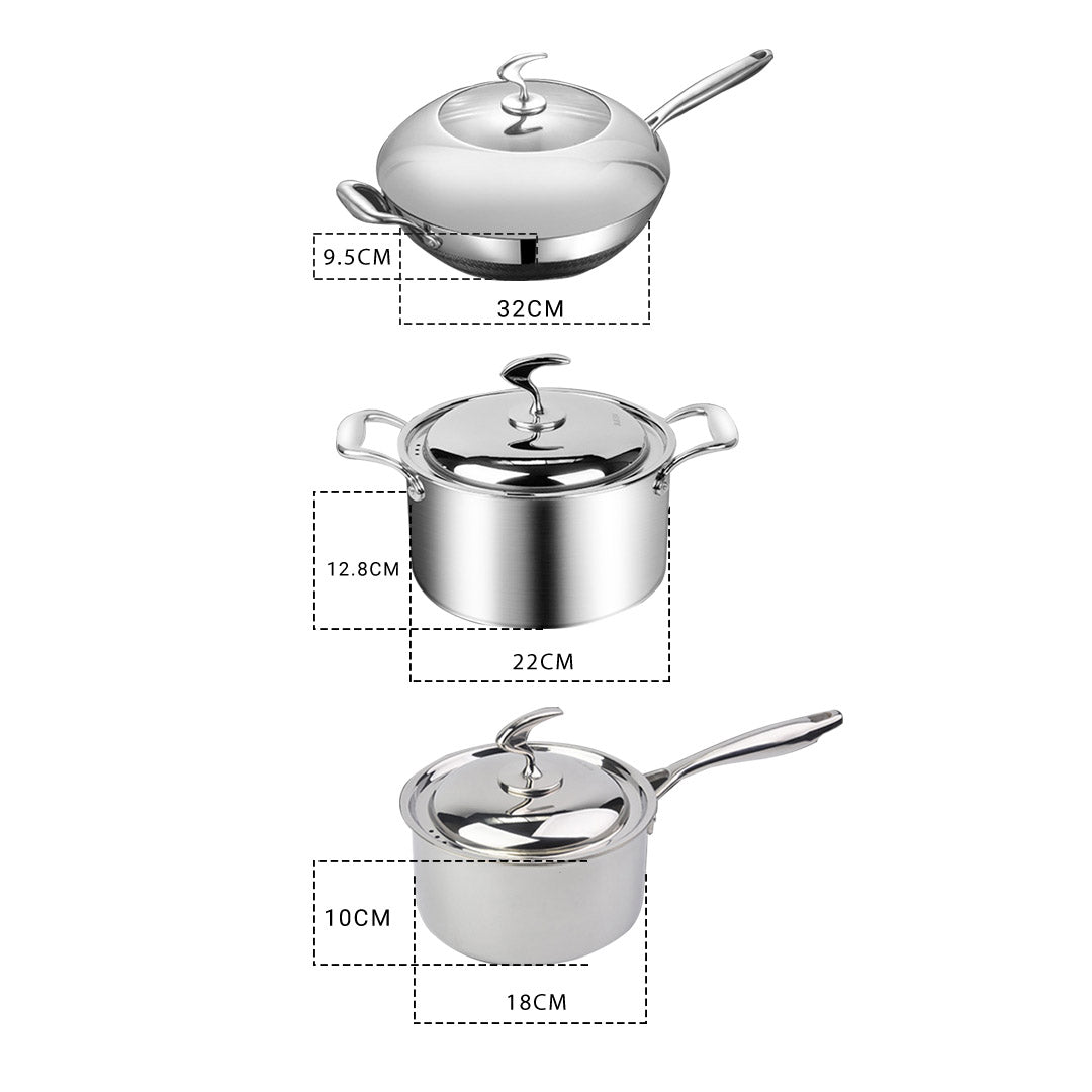 SOGA 6 Piece Cookware Set 18/10 Stainless Steel 3-Ply Frying Pan, Milk, and Soup Pot with Lid • LUZ-SSPanPotSet