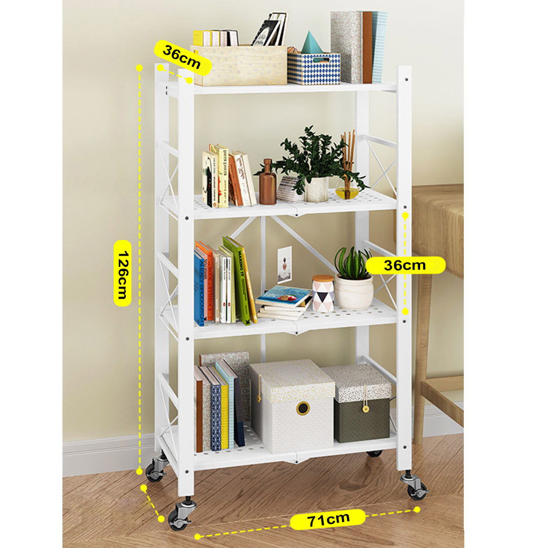 SOGA 4 Tier Steel White Foldable Display Stand Multi-Functional Shelves Portable Storage Organizer with Wheels • LUZ-KitchenXY029