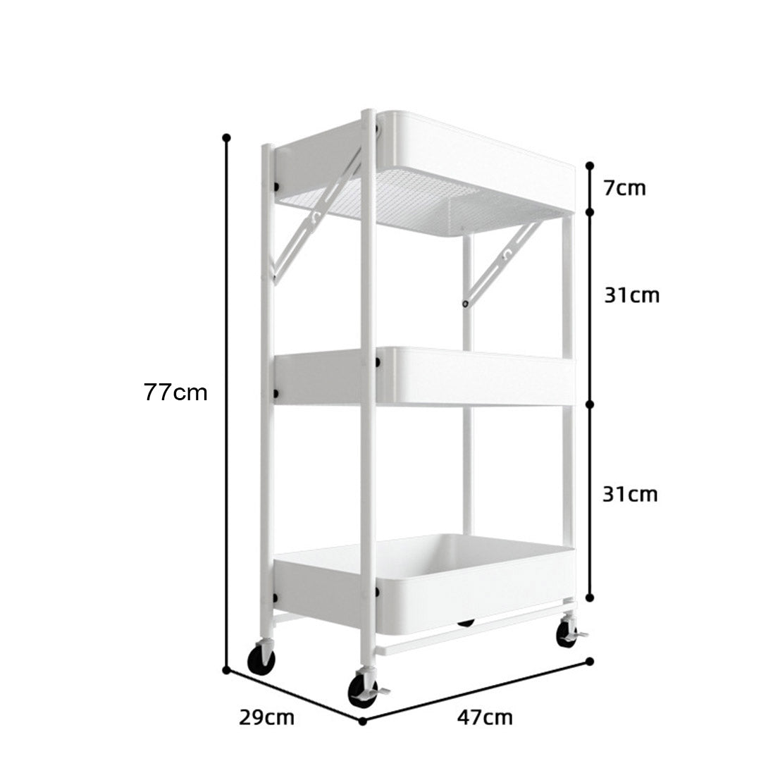 SOGA 2X 3 Tier Steel White Foldable Kitchen Cart Multi-Functional Shelves Portable Storage Organizer with Wheels • LUZ-KitchenXY012X2