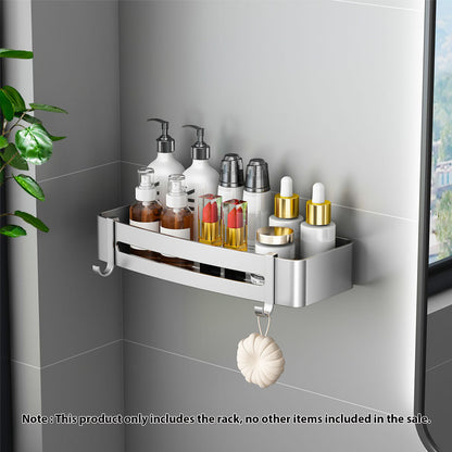 SOGA 2X Silver Wall-Mounted Rectangular Bathroom Storage Organiser Space Saving Adhesive Shelf Rack with Hooks LUZ-TAN1007X2