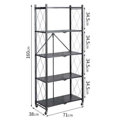 SOGA 5 Tier Steel Black Foldable Kitchen Cart Multi-Functional Shelves Portable Storage Organizer with Wheels • LUZ-KitchenXY003
