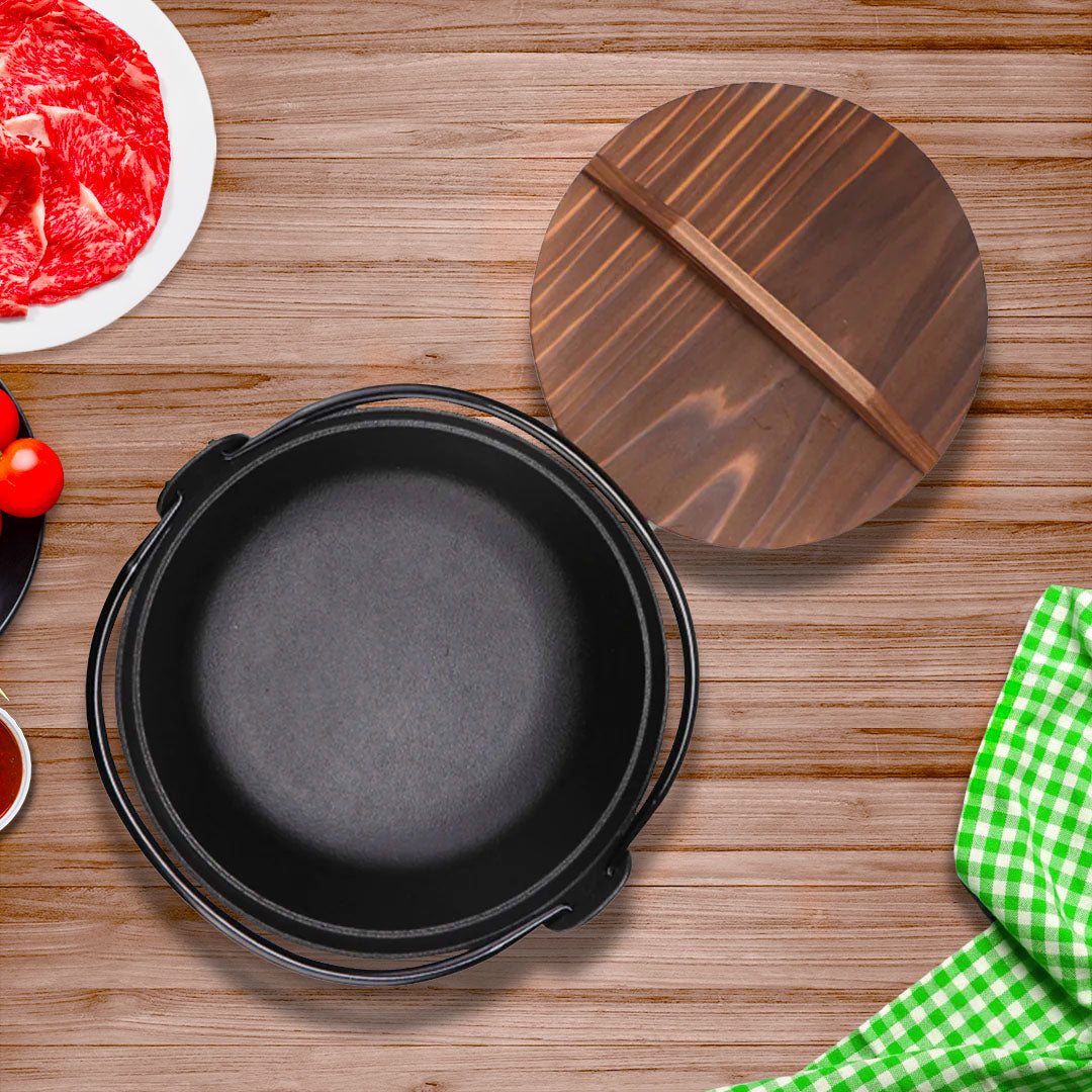 SOGA 29cm Cast Iron Japanese Style Sukiyaki Tetsu Nabe Shabu Hot Pot with Wooden Lid • LUZ-ZPaiA5-29