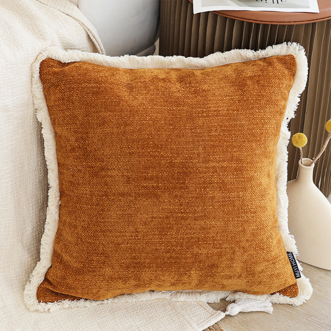 SOGA 2X 45cm Throw Pillow Sunset Orange Chenille Textured with Tassels Stylish Square Cozy Home Decor • LUZ-FrenchCushion279X2