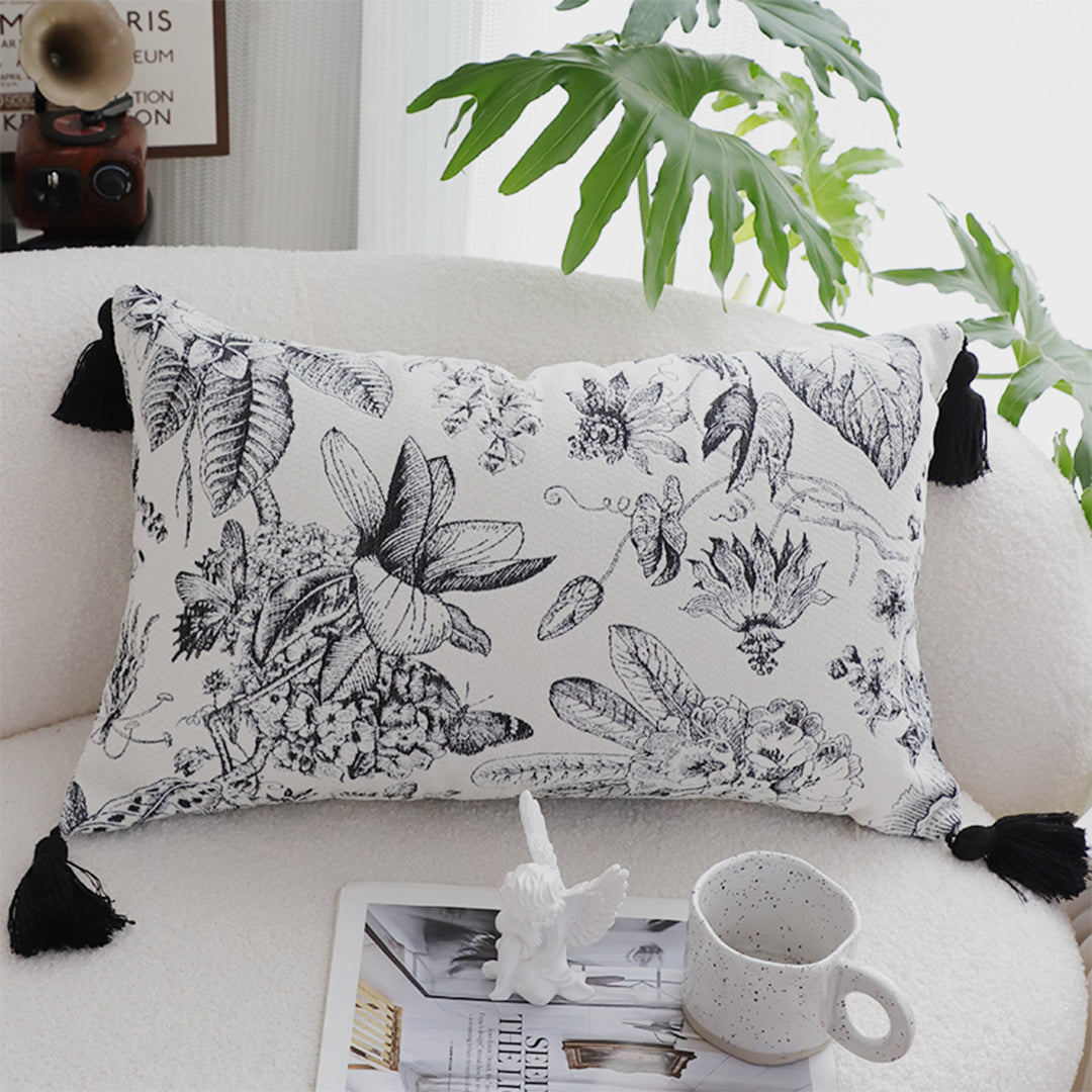 SOGA 2X 35cm Throw Pillow  Black and White Floral Print Elegant with Tassel Accents Home Decor • LUZ-FrenchCushion342X2