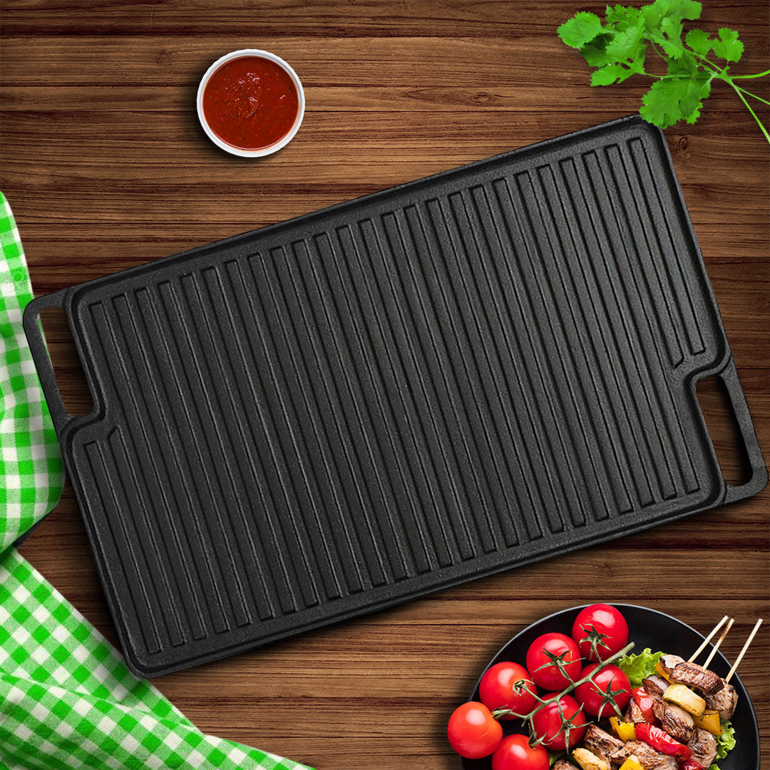 SOGA 45cm Rectangular Cast Iron Portable Fry BBQ Grill Plate Cooking Pan Tray with Handle • LUZ-ZPai039