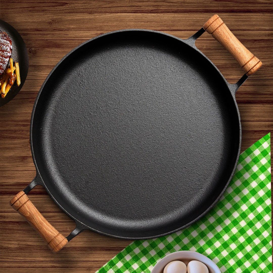 SOGA 31cm Cast Iron Frying Pan Skillet Steak Sizzle Fry Platter With Wooden Handle No Lid • LUZ-ZPaiB9