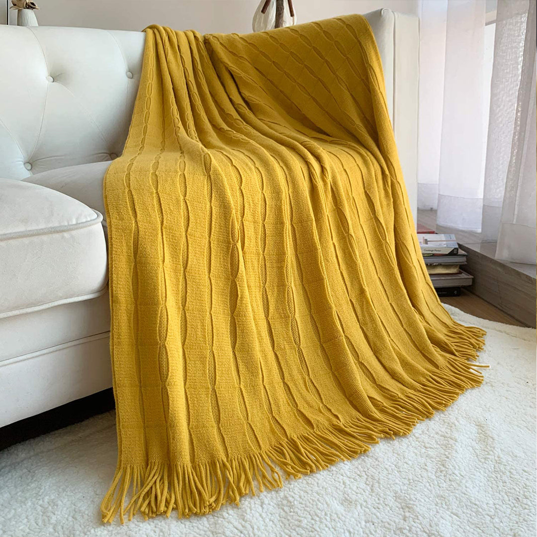 SOGA 2X Mustard Textured Knitted Throw Blanket Warm Cozy Woven Cover Couch Bed Sofa Home Decor with Tassels • LUZ-Blanket925X2