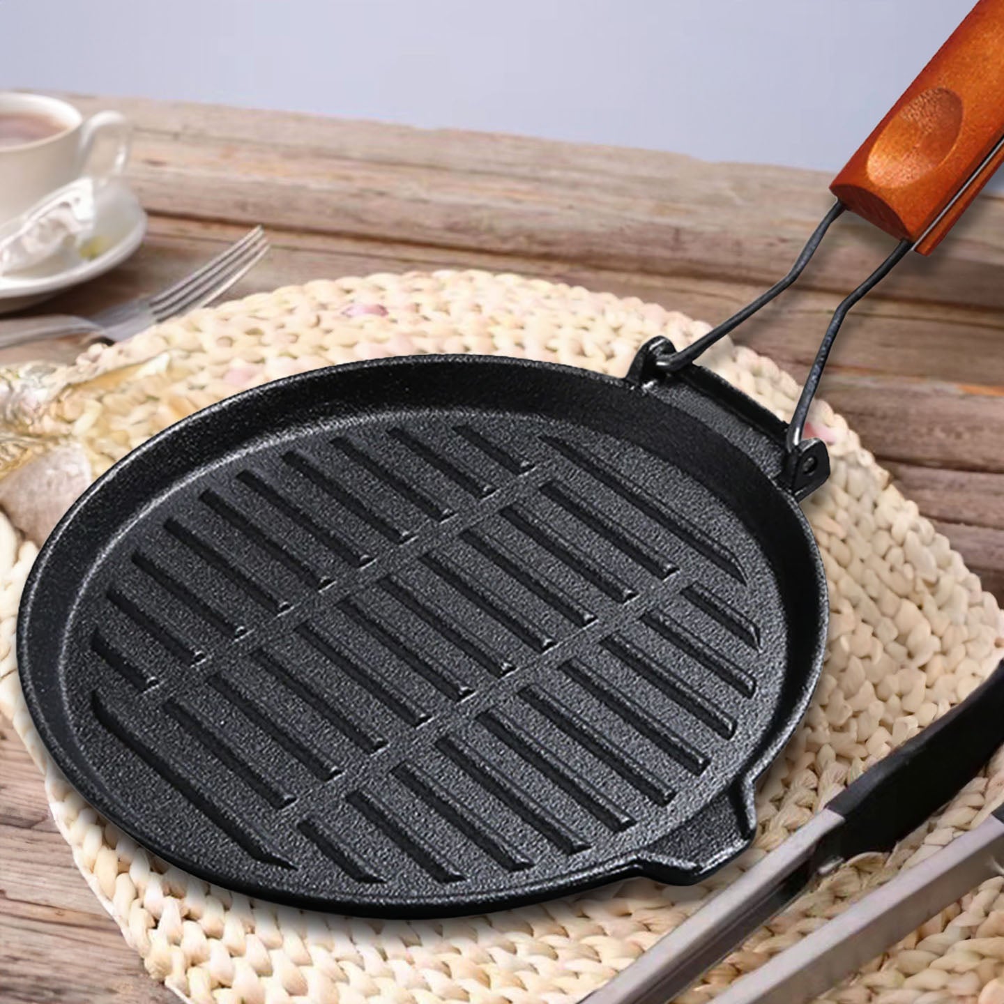 SOGA 2X 24cm Round Ribbed Cast Iron Steak Frying Grill Skillet Pan with Folding Wooden Handle • LUZ-ZPai026X2