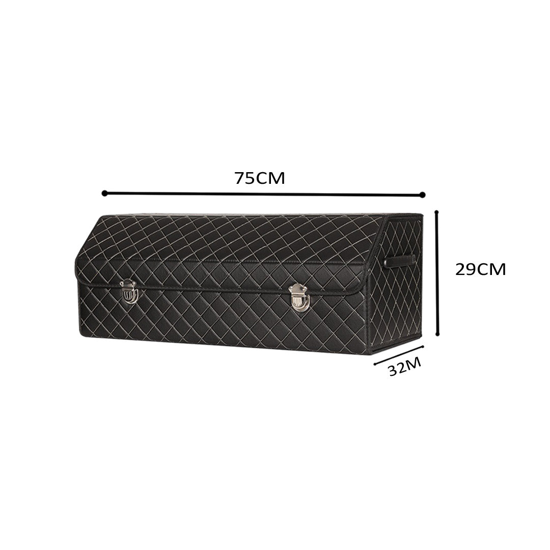 SOGA Leather Car Boot Collapsible Foldable Trunk Cargo Organizer Portable Storage Box Black/White Stitch with Lock Large • LUZ-StorageBLK388