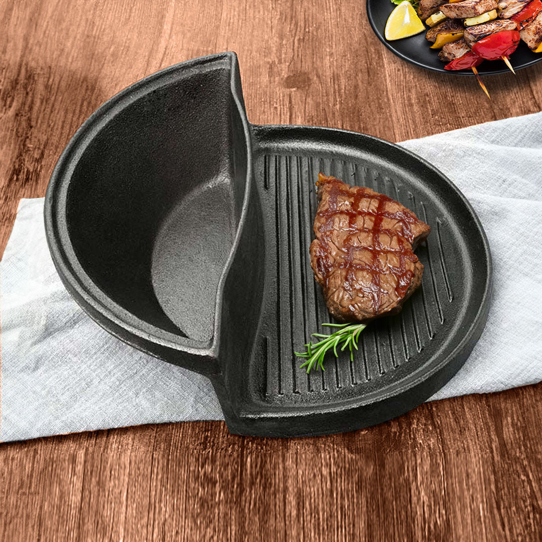 SOGA 2 in 1 Cast Iron Ribbed Fry Pan Skillet Griddle BBQ and Steamboat Hot Pot • LUZ-ZPaiB3
