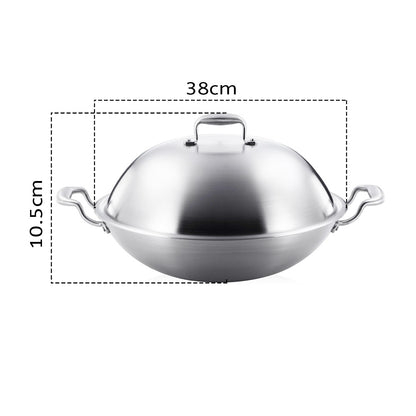 SOGA 3-Ply 38cm Stainless Steel Double Handle Wok Frying Fry Pan Skillet with Lid • LUZ-WokTRIFPG38