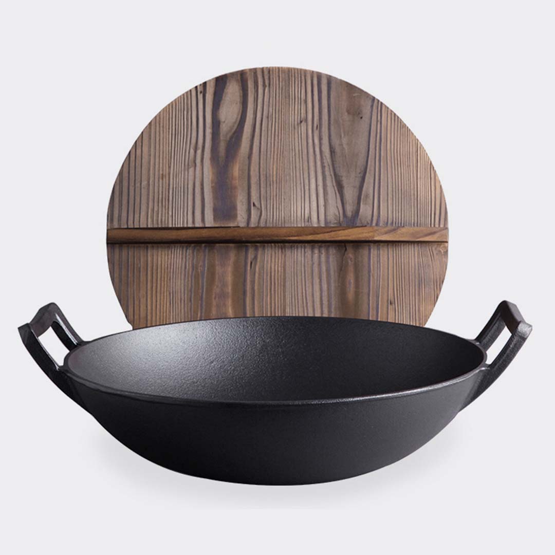 SOGA 36CM Commercial Cast Iron Wok FryPan with Wooden Lid Fry Pan • LUZ-ZPaiB1