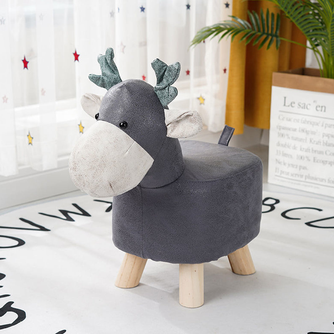 SOGA Grey Children Bench Deer Character Round Ottoman Stool Soft Small Comfy Seat Home Decor LUZ-AniStool25