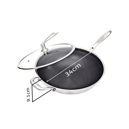 SOGA 2X 34cm Stainless Steel Tri-Ply Frying Cooking Fry Pan Textured Non Stick Skillet with Glass Lid and Helper Handle • LUZ-FryPanTRIFPYZ34X2