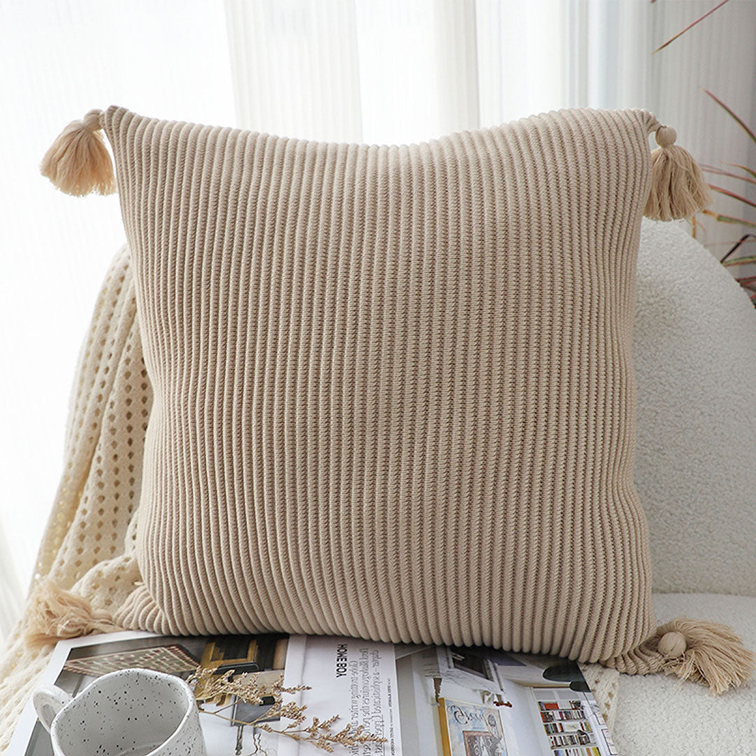 SOGA 45cm Off-White Wabi-Sabi Raised Pillow Cotton Striped Large Tassel Square Throw Pillow • LUZ-FrenchCushion263