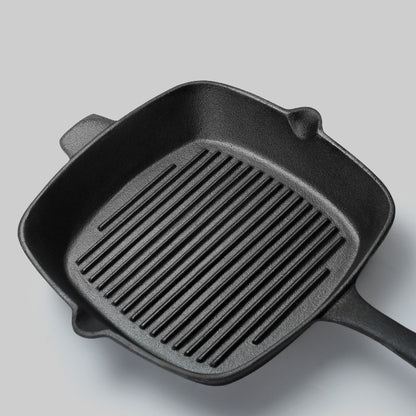 SOGA 26cm Square Ribbed Cast Iron Frying Pan Skillet Steak Sizzle Platter with Handle • LUZ-ZPai023
