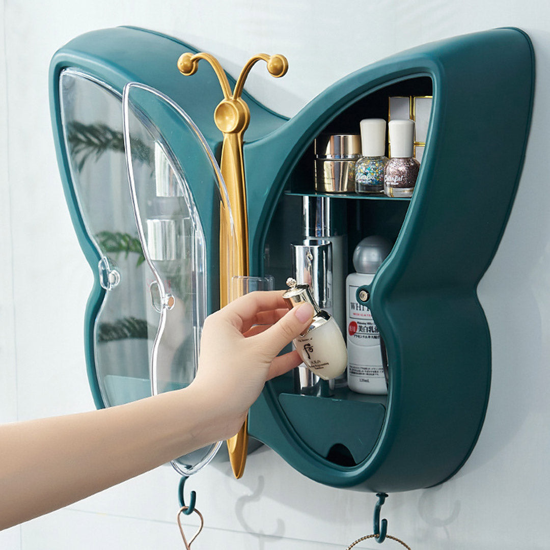 SOGA Green Butterfly Shape Wall-Mounted Makeup Organiser Dustproof Waterproof Bathroom Storage Box Home Decor • LUZ-BathG319