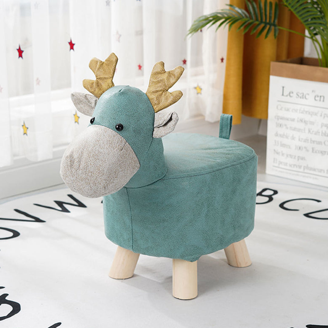 SOGA Green Children Bench Deer Character Round Ottoman Stool Soft Small Comfy Seat Home Decor • LUZ-AniStool26