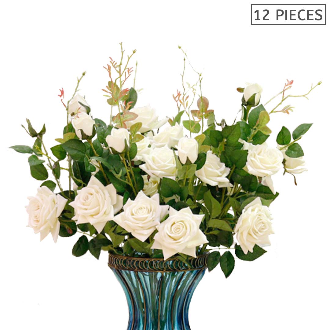 SOGA 12pcs Artificial Silk Flower Fake Rose Bouquet Table Decor White • LUZ-AFlower3H12White