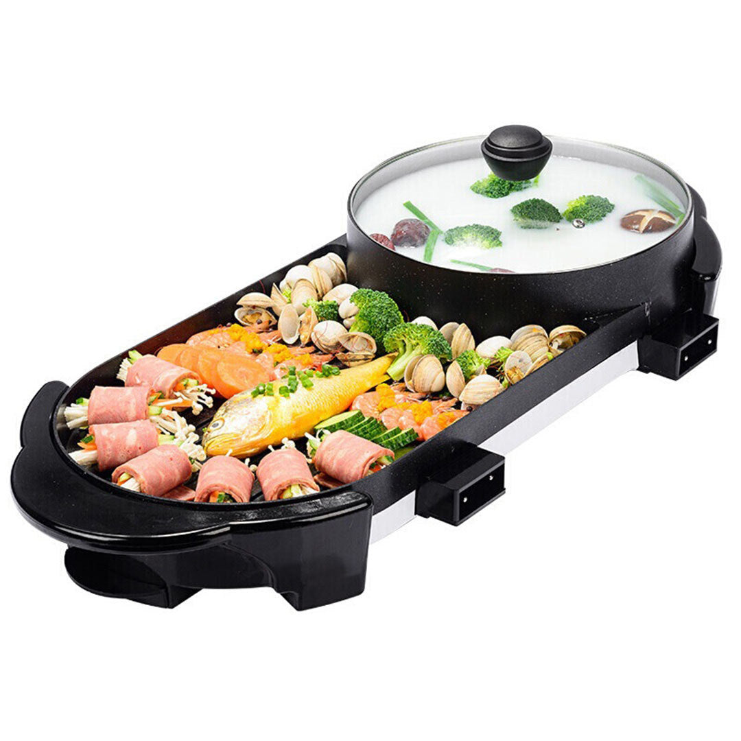 SOGA 2X 2  in 1 Electric Non-Stick BBQ Teppanyaki Grill Plate Steamboat Hotpot 2-8 Person • LUZ-SteamboatHotPotandGrillLongX2